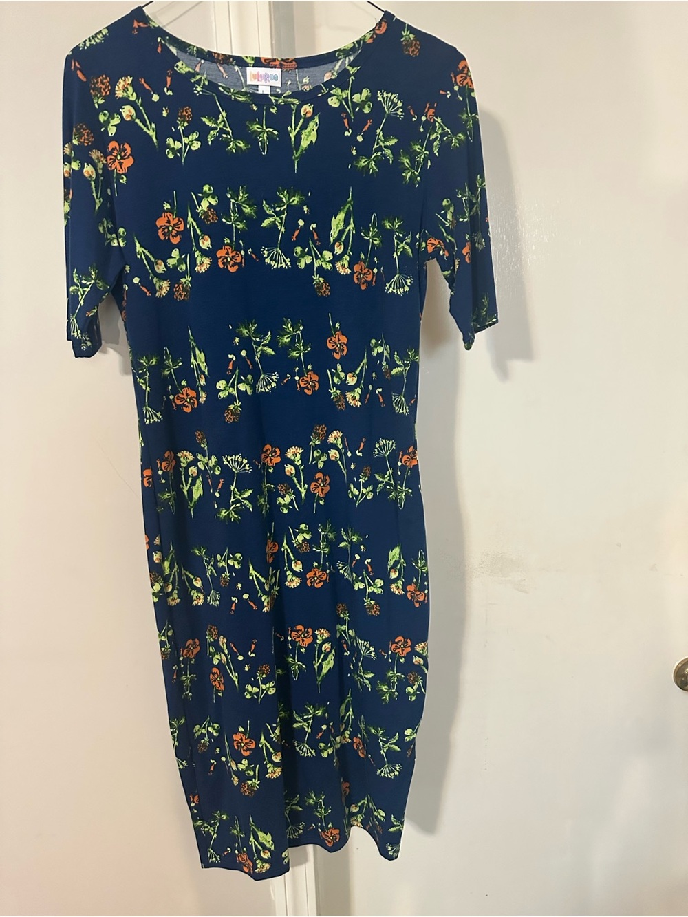 LuLaRoe Navy Midi Dress with Green and Orange Floral Print